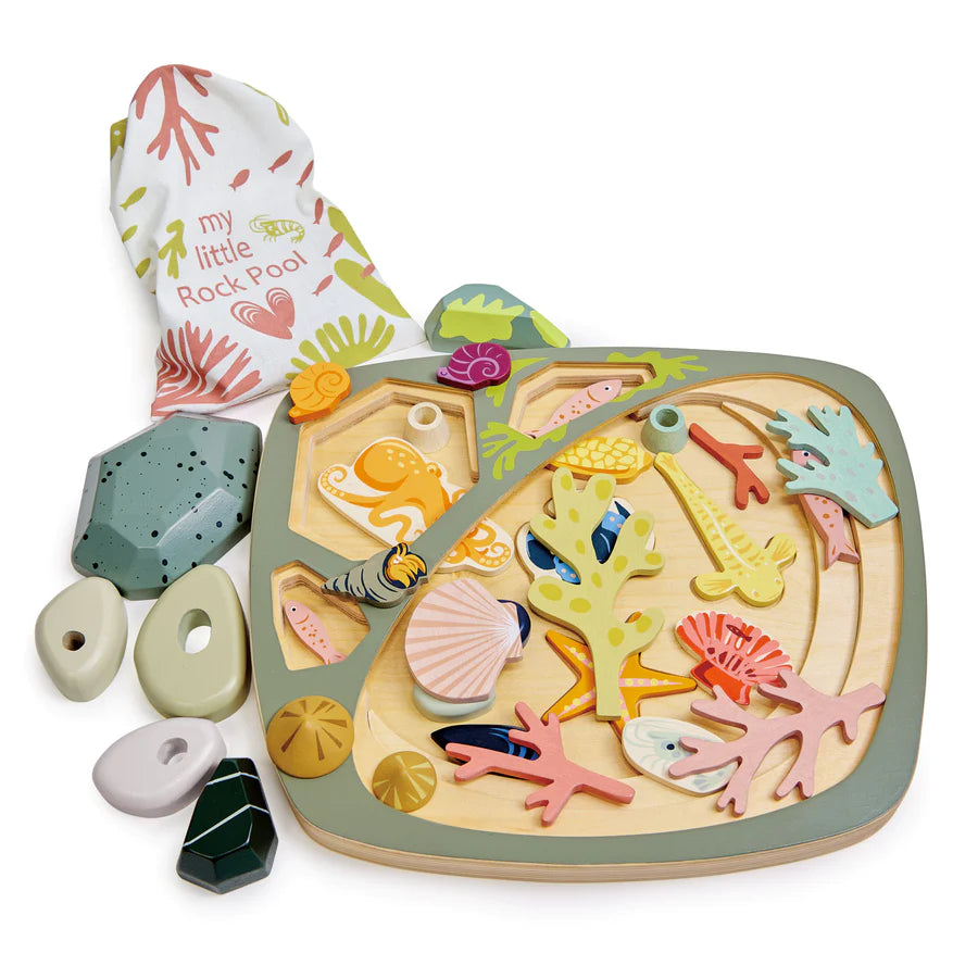 Wooden Rock pool imaginative play set with  cloth storage bag - Tender Leaf Toys at Send A Toy