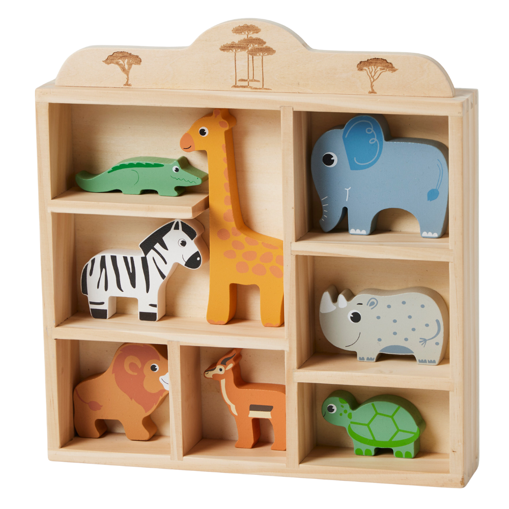 A wooden storage shelf with various safari-themed toy animals, including a giraffe, zebra, crocodile, and others.