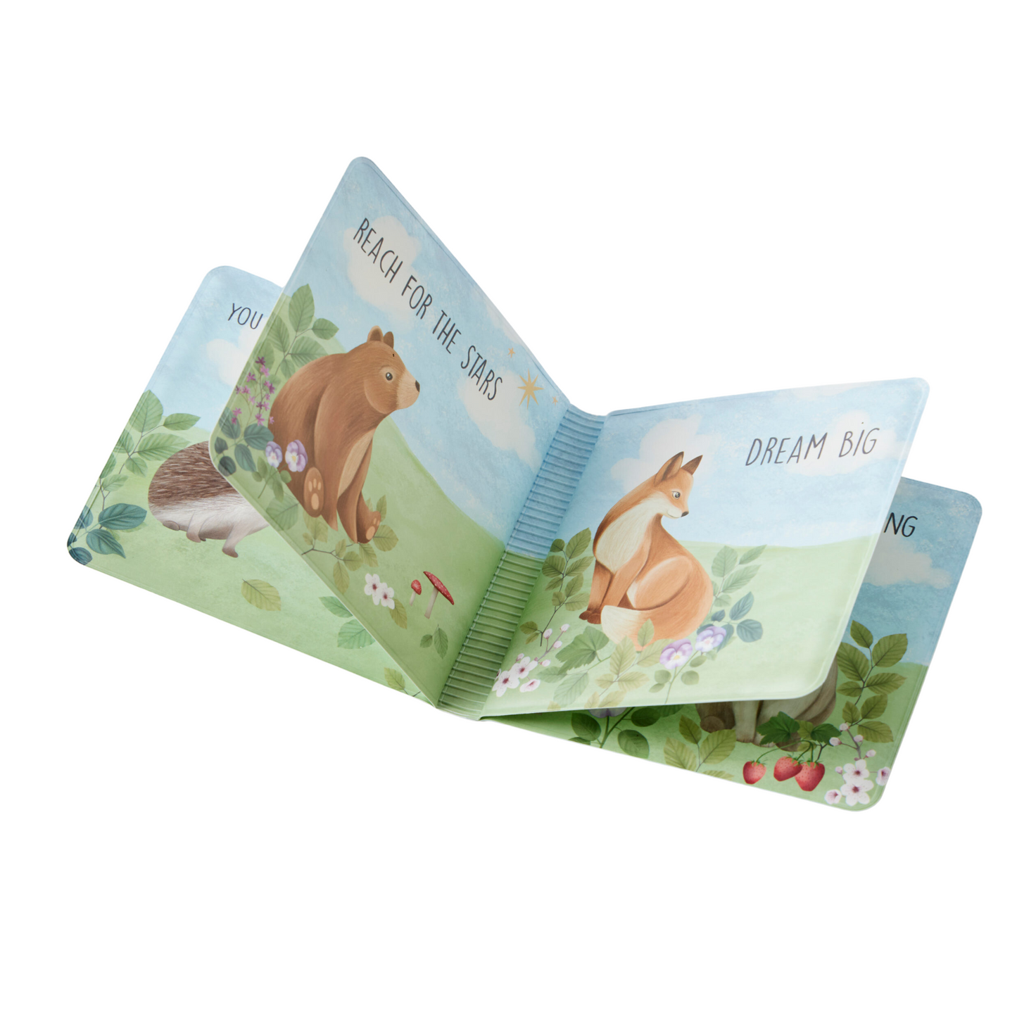 A waterproof children's bath book with colorful illustrations featuring animals and nature-themed elements, with text encouraging bath-time play.