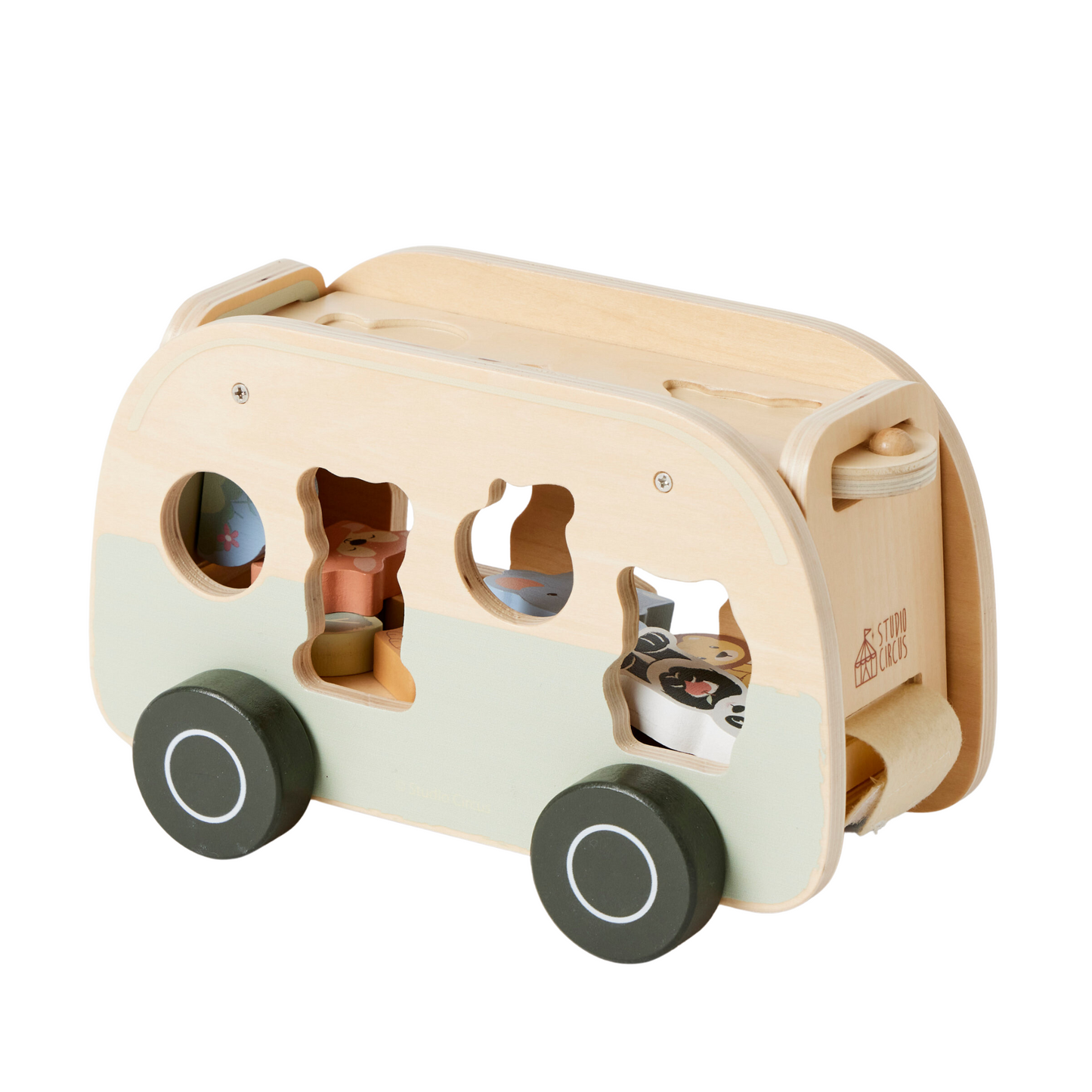 Wooden caravan shape sort of toy filled with assorted wooden animals