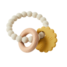 A silicone and wood teether designed with a lion shape and small beads linked together.