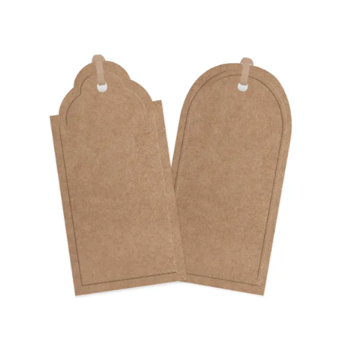 Two brown kraft gift tags with embossed edges and hessian twine.