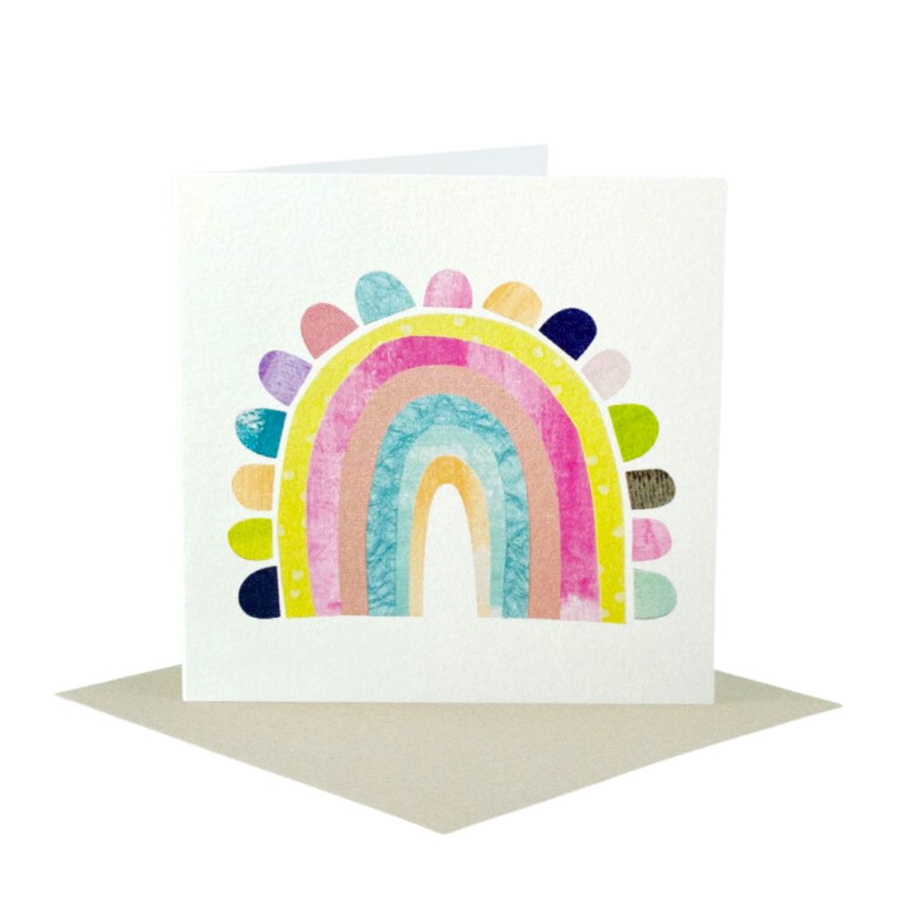 Small gift card illustrated with a watercolour rainbow on a white background