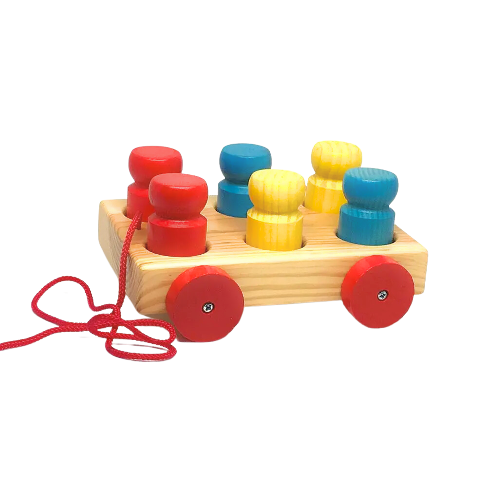 Wooden pull-alon Omnibus toy with 6 removeble wooden 'people' pegs - Send A Toy