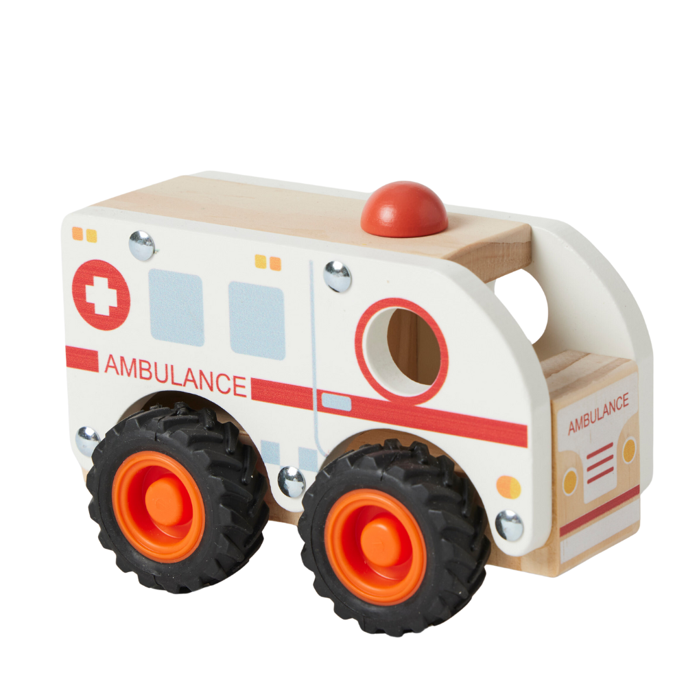 A wooden toy ambulance with red and white colors and black wheels.