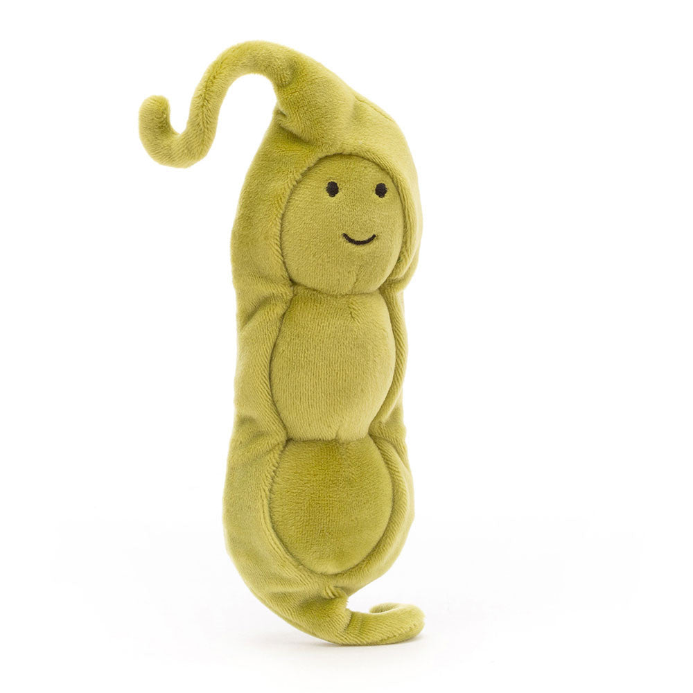 A plush toy resembling a green pea in a pod, with a friendly face and a curly tail.