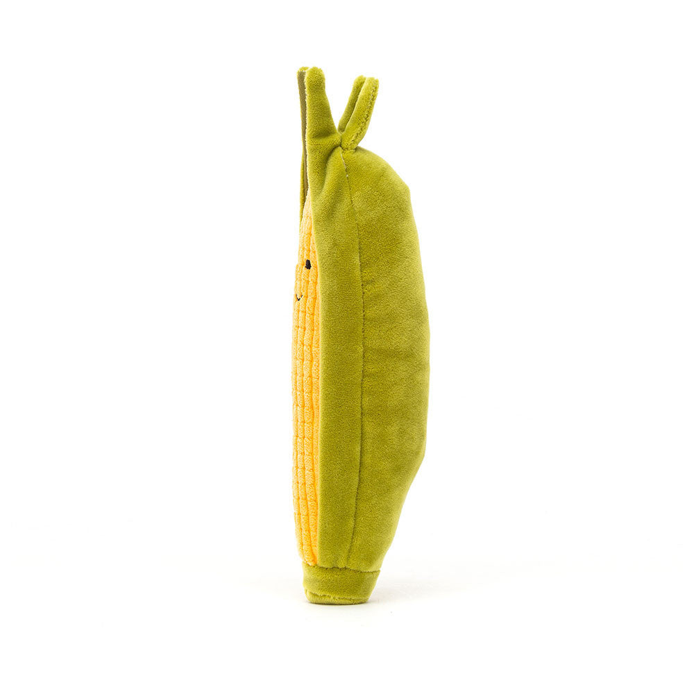 Green and yellow fabric soft toy resembling the sweetcorn