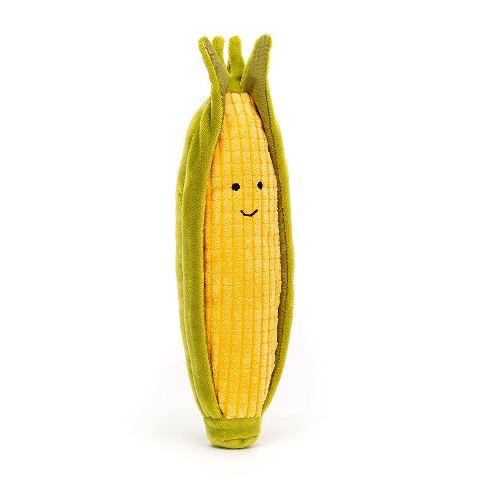 Yellow jelly cat sweetcorn soft toy Green fabric husk.