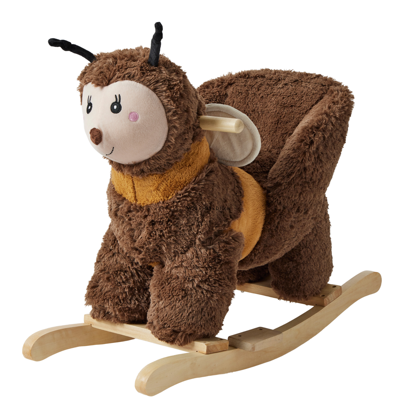 Brown bumblebee plush rocking toy with sweet face, black antenna and wings mounted on a wooden rocking bow.