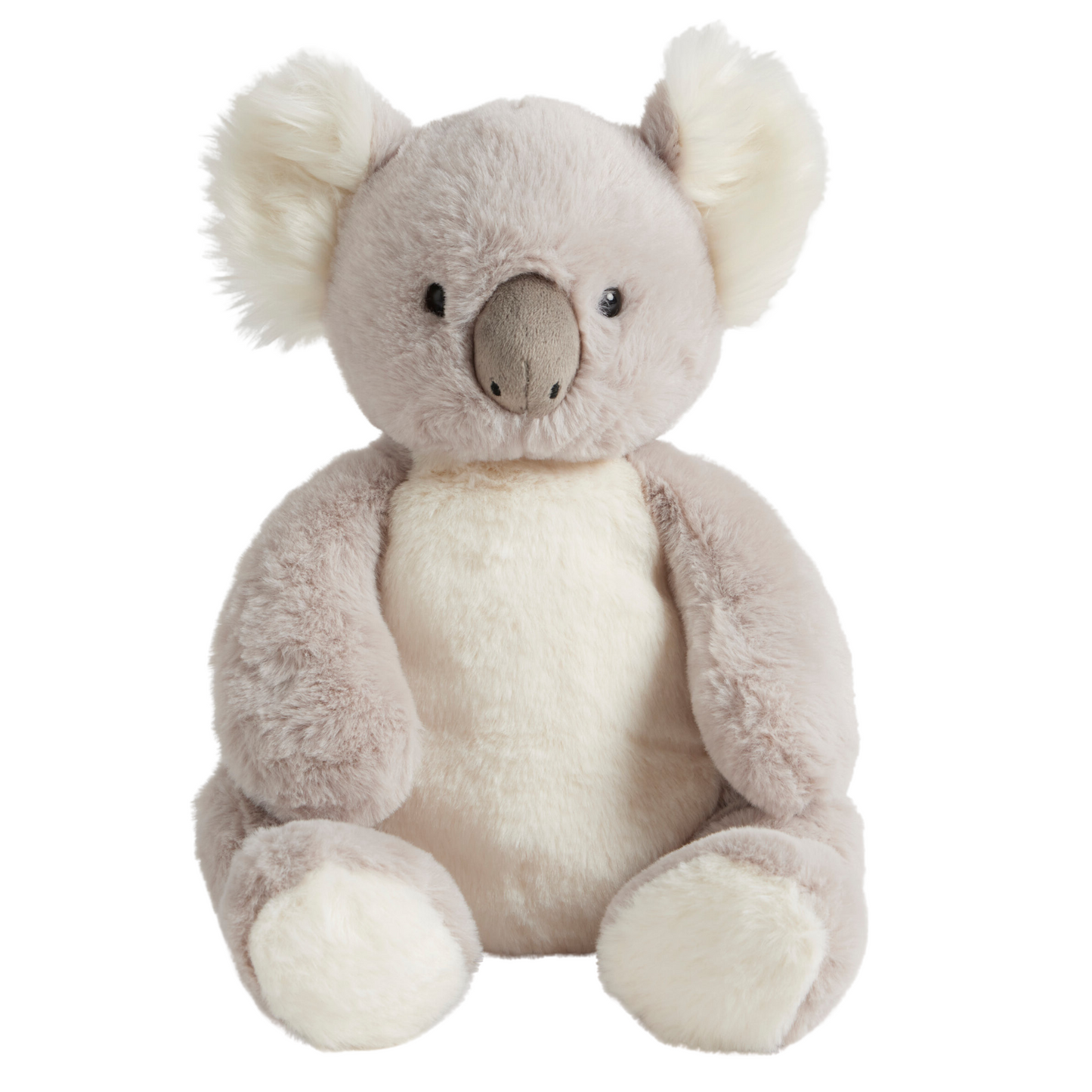 Grey and white koala plush toy on a white background