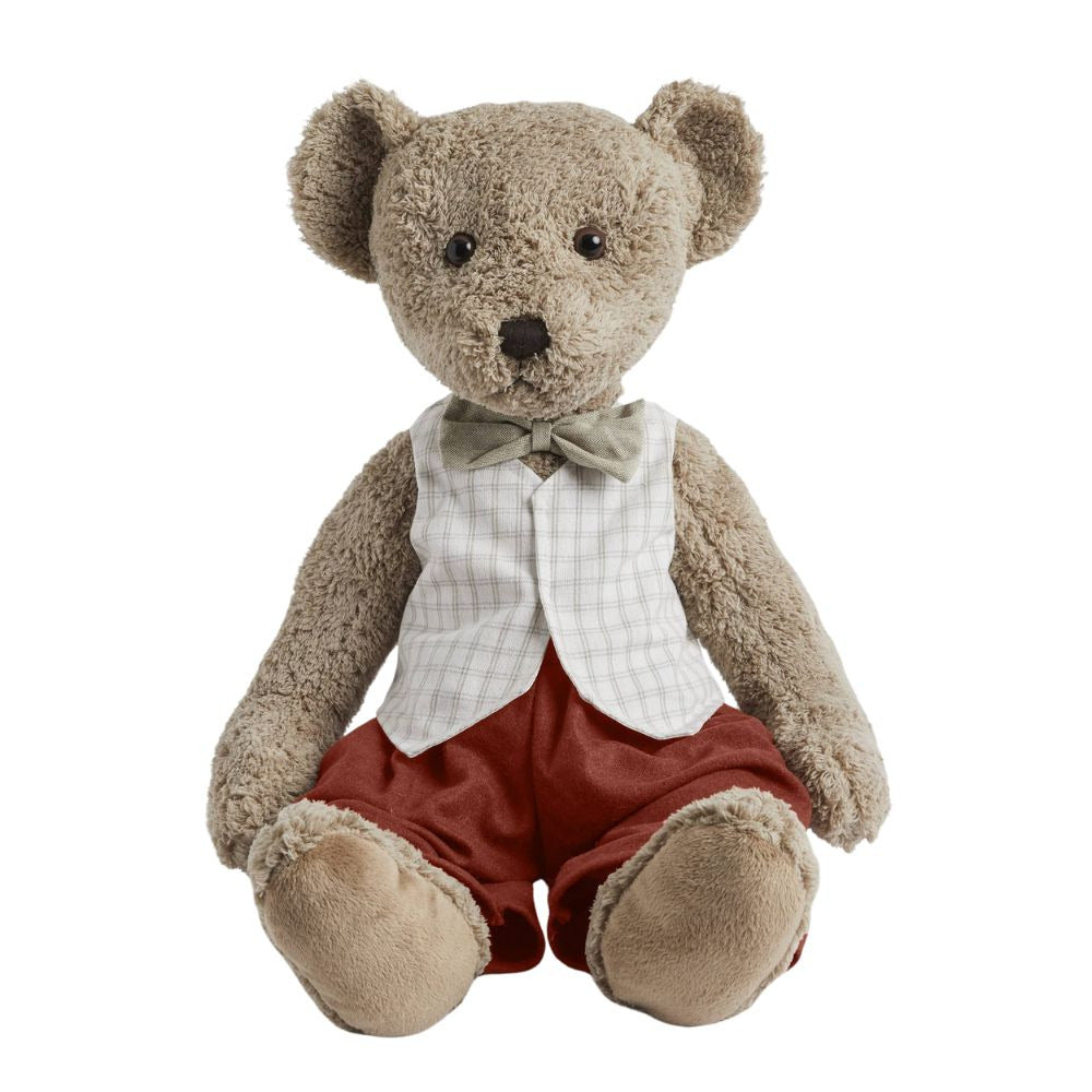 Traditional style brown teddy bear wearing a waistcoat, grey bow tie and rust coloured pants.