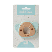 Wooden koala shaped tether toy with mint colour silicone ears, attached to cardboard backing card
