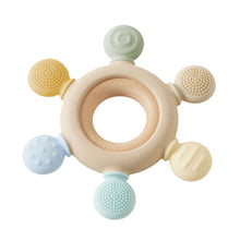 Wooden teether  with 6 pastel coloured silicone textured tab attachments