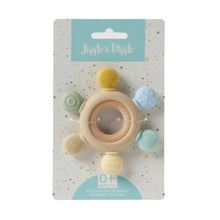 Wooden teether  with 6 pastel coloured silicone textured tab attachments