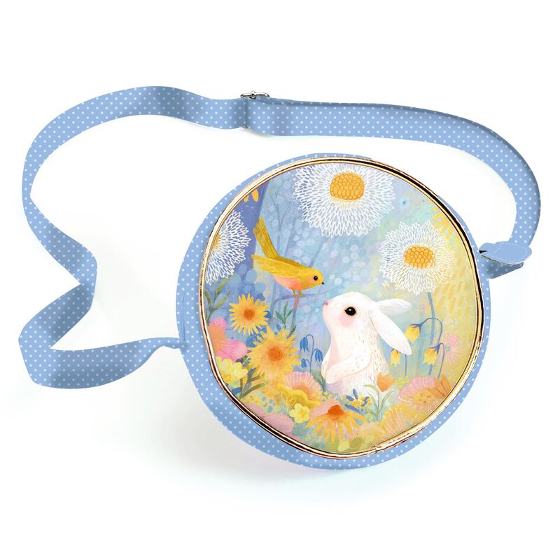Childs blue fabric round handbag illustrated with pretty flower, a white rabbit and yellow bird.