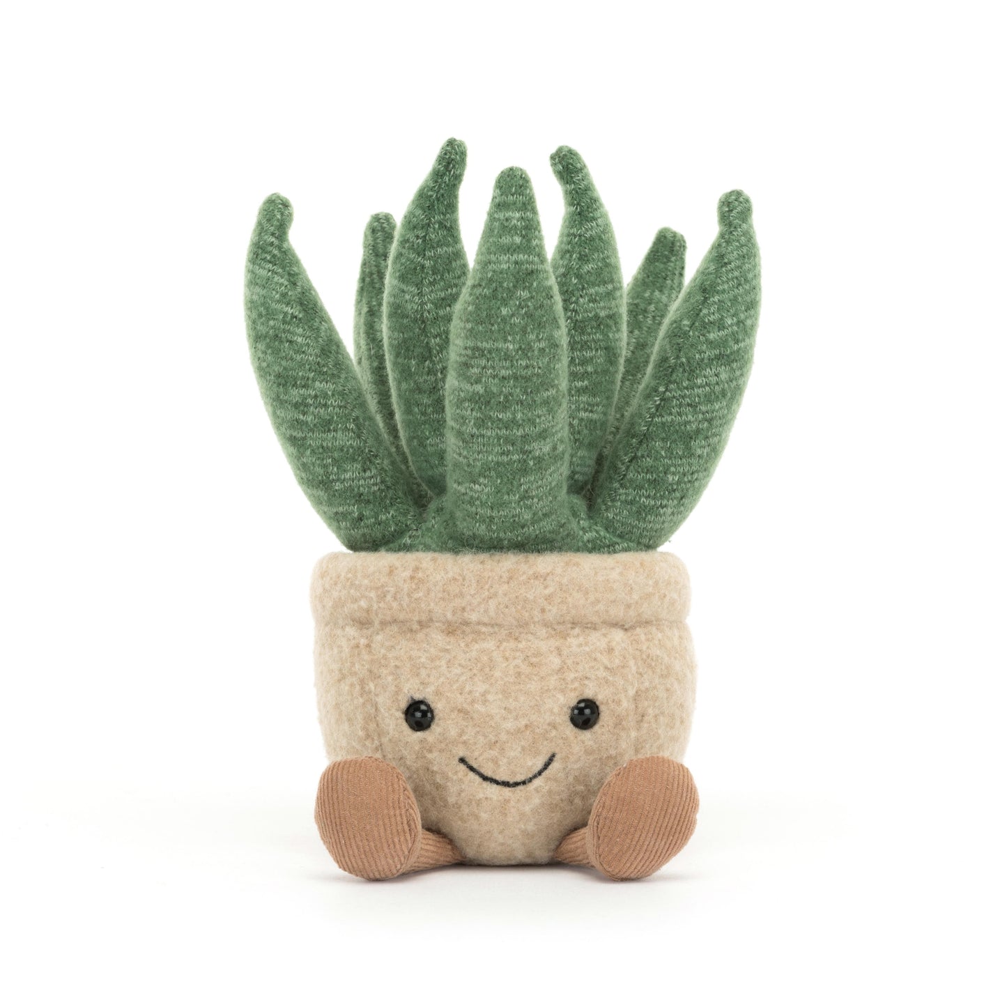 A small plush toy designed to look like an aloe vera plant with a beige pot, green leaves, and a smiling face.