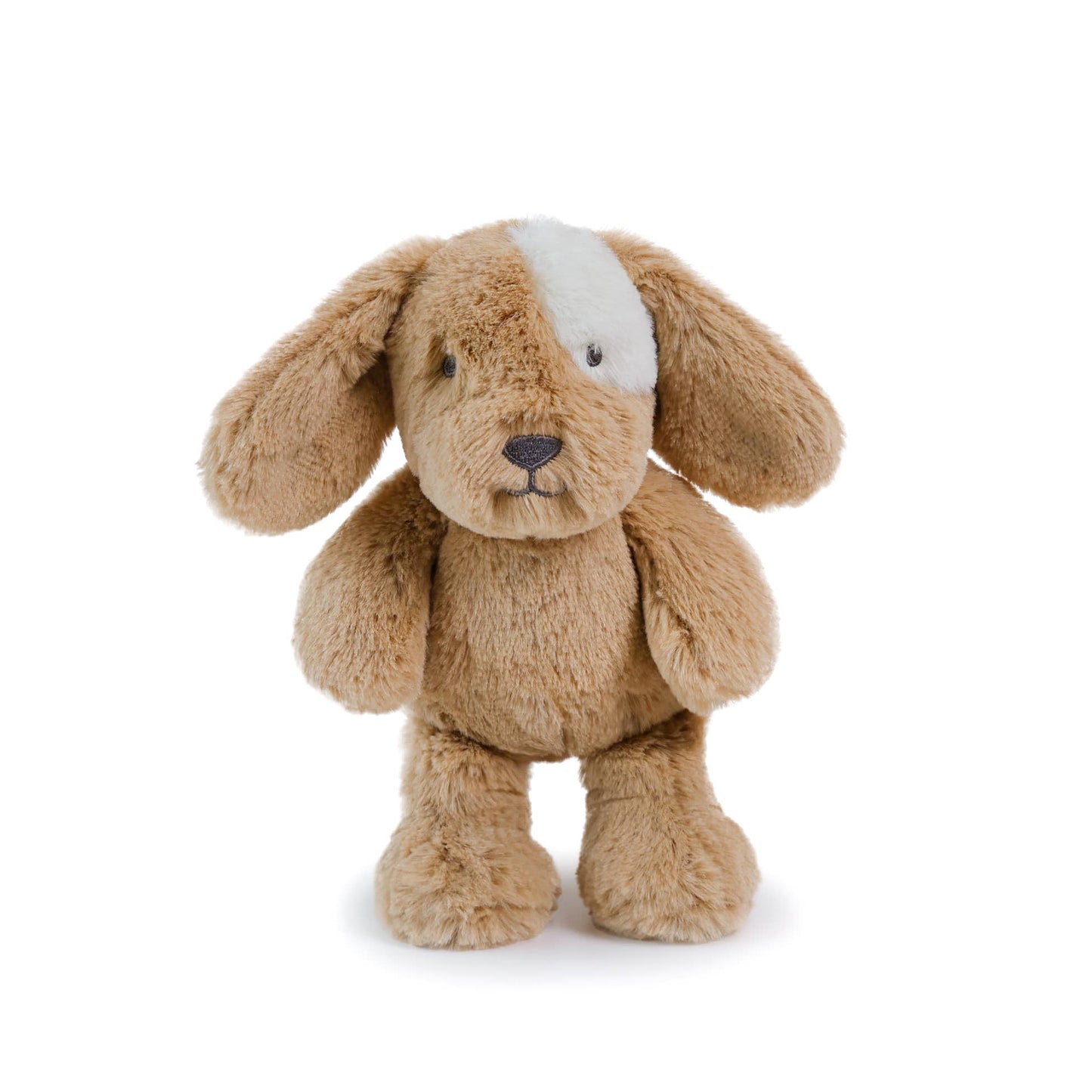 Brown plush dog toy with a white muzzle on a white background