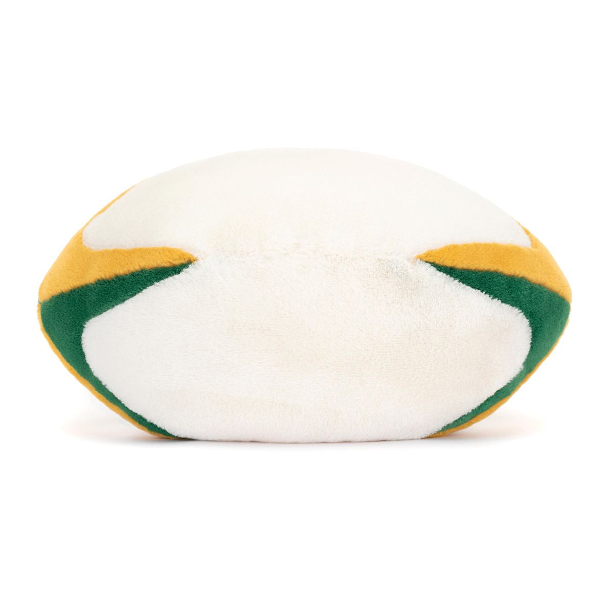 Plush toy shaped like a rugby ball with green and yellow accents on a white background
