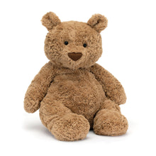 A plush teddy bear with a brown fur body, seated against a white background.