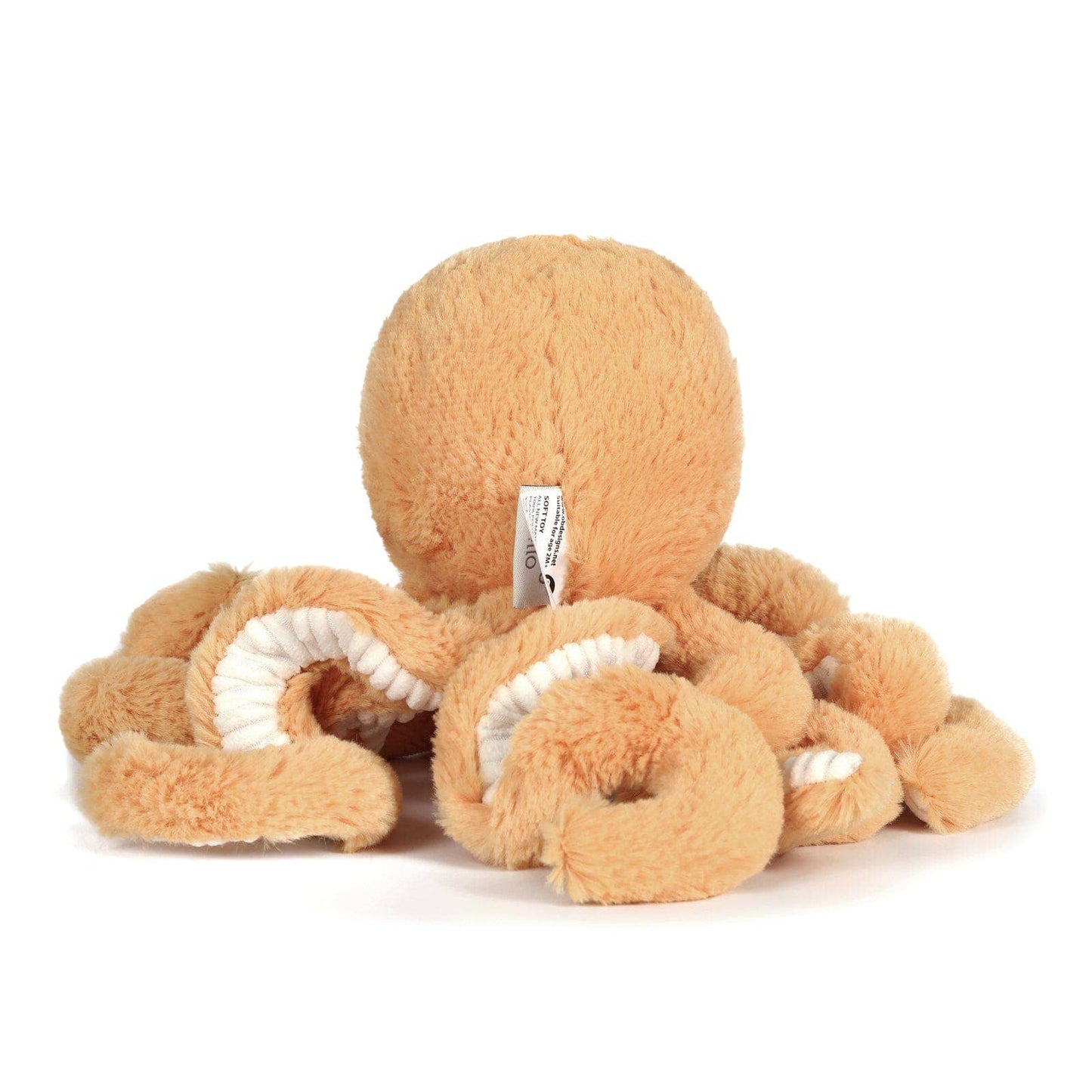 Plush octopus toy with a tag on a white background