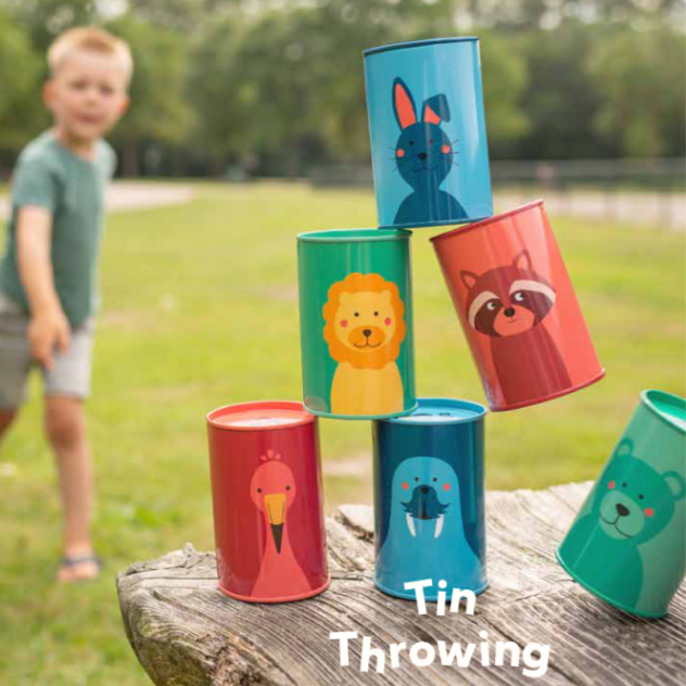 Children's outdoor toy set with colorful throwing tins, featuring a child playing in the background.