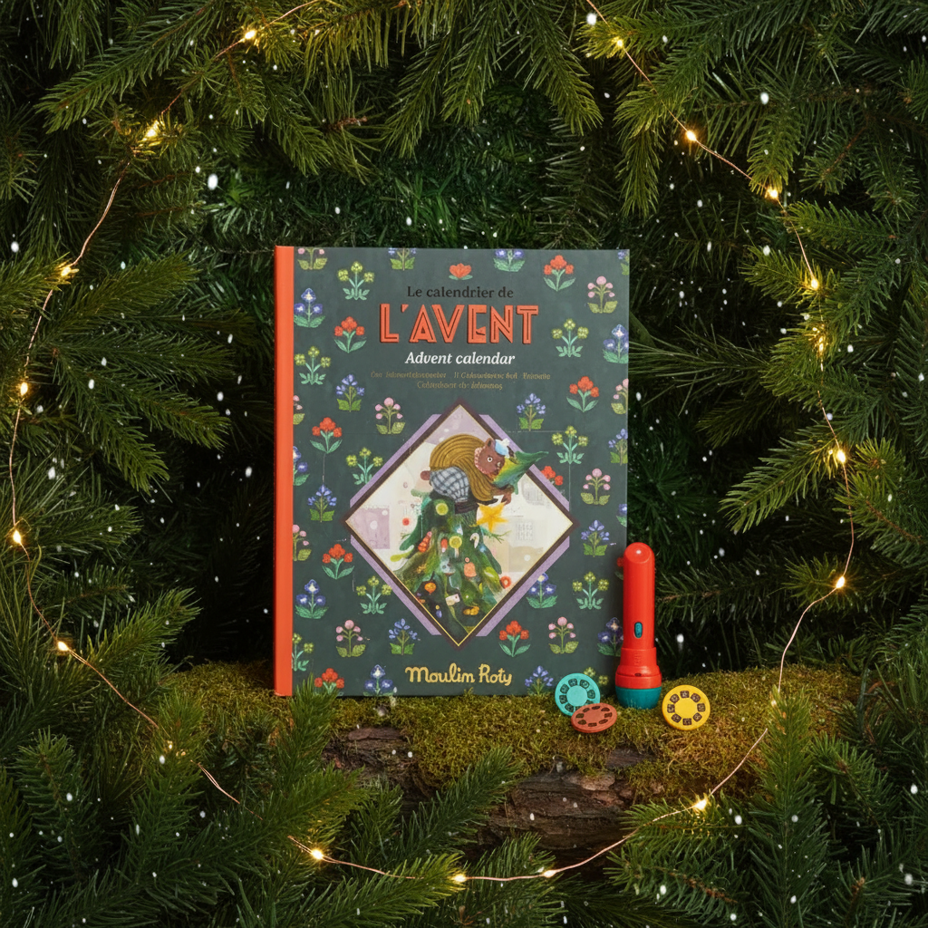 Festive advent calendar banner with pine foliage and fairy lights