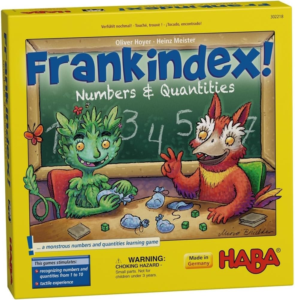 Board game box cover for 'Frankindex! Numbers & Quantities' featuring cartoon-style monster characters and numbers.