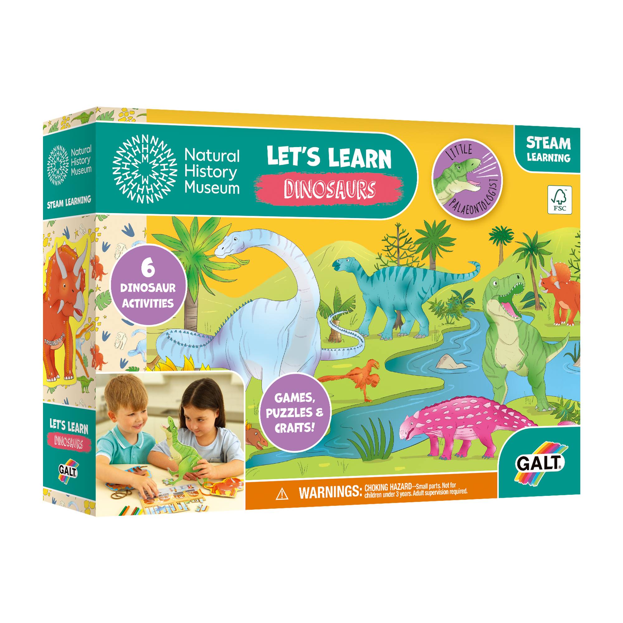 Packaging for 'Let's Learn Dinosaurs' educational toy kit featuring illustrations of various dinosaurs, children engaging with the activities, and product details.