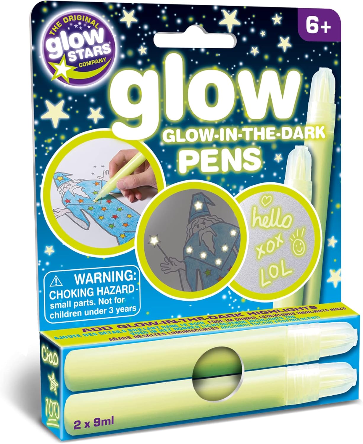 Packaging of Glow Stars glow-in-the-dark pens with two pens inside.