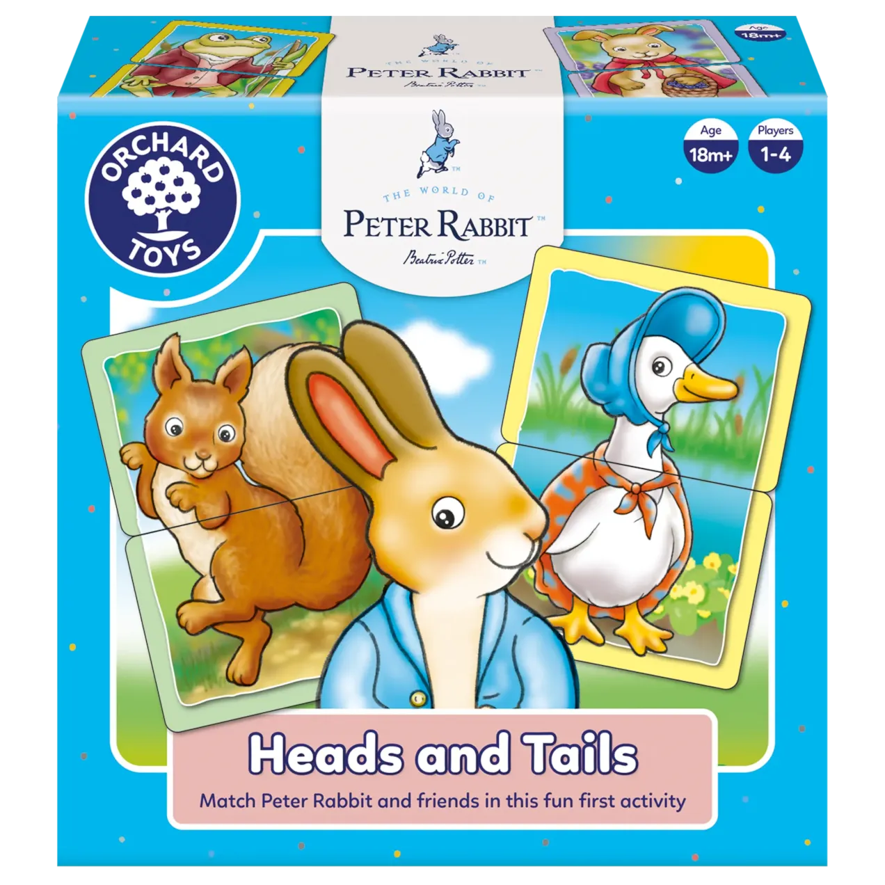 Orchard Toys Peter Rabbit 'Heads and Tails' game packaging with cartoon characters on a blue background.