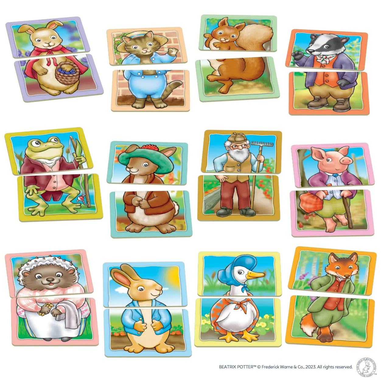 Set of illustrated animal cards featuring characters from Beatrix Potter's stories on a white background.