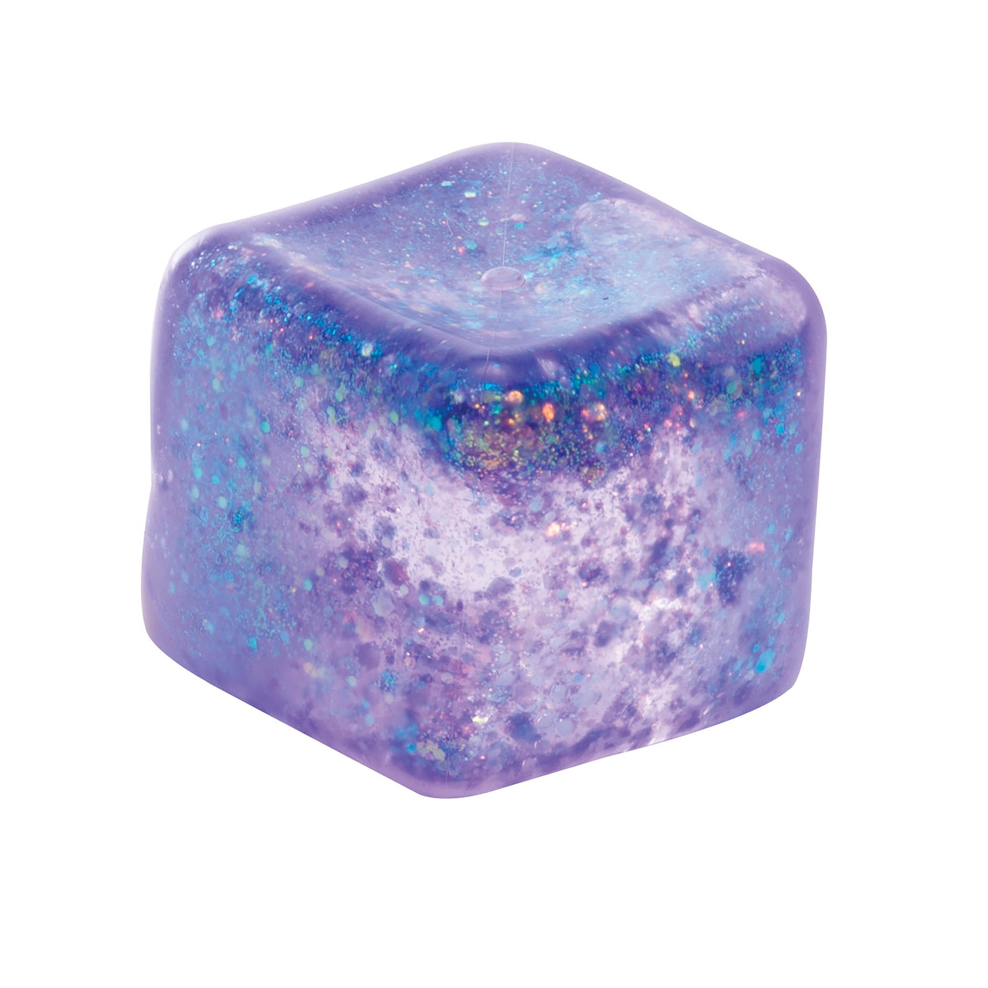 A multicolored squishy cube with glitter, suitable for sensory play.