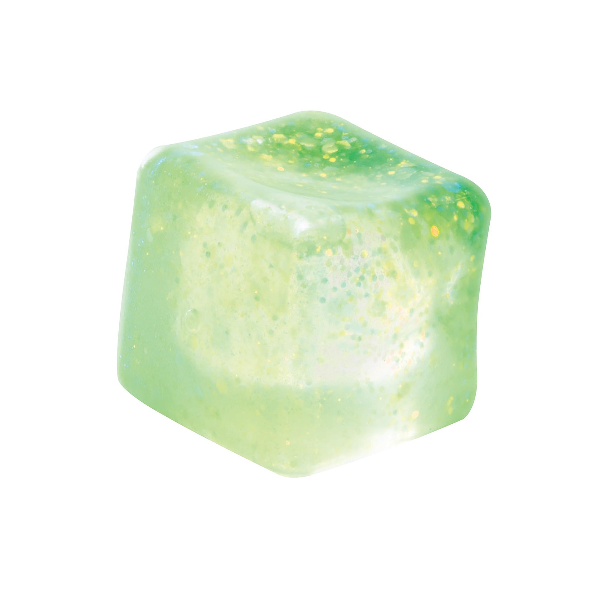 A multicolored squishy cube with glitter, suitable for sensory play.