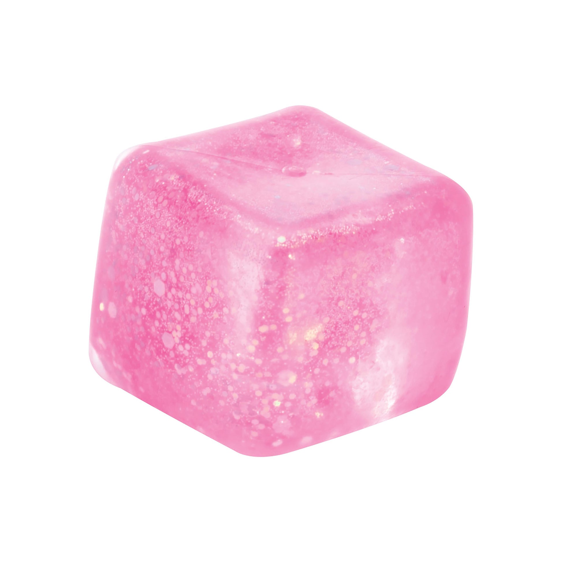A multicolored squishy cube with glitter, suitable for sensory play.