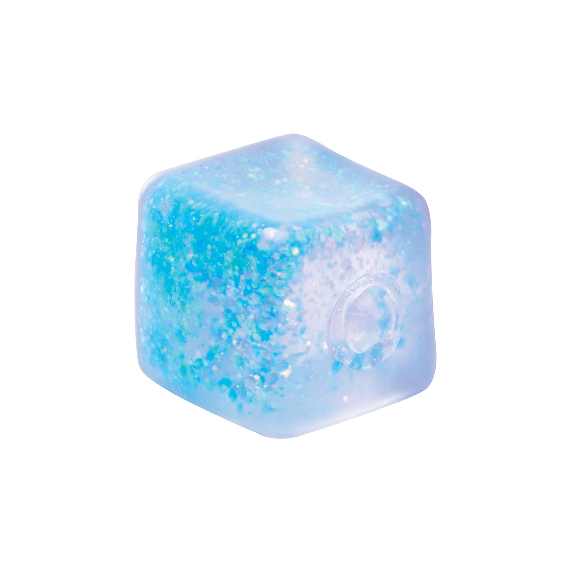 A multicolored squishy cube with glitter, suitable for sensory play.