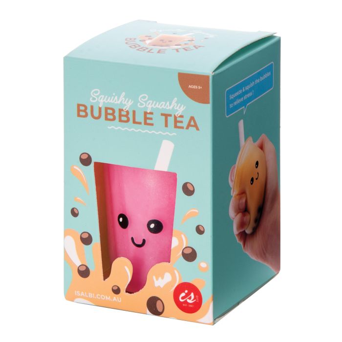 A product packaging for Squishy Bubble tea featuring a cartoon-style bubble tea cup with a smiling face, presented in a colorful box.