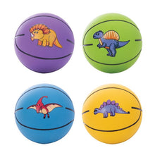 Assorted colorful playground balls each with a different dinosaur print.