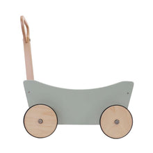 Children's wooden push cart with a light gray body and beige wheels on a white background