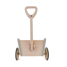 Wooden toy cart with a handle on a white background