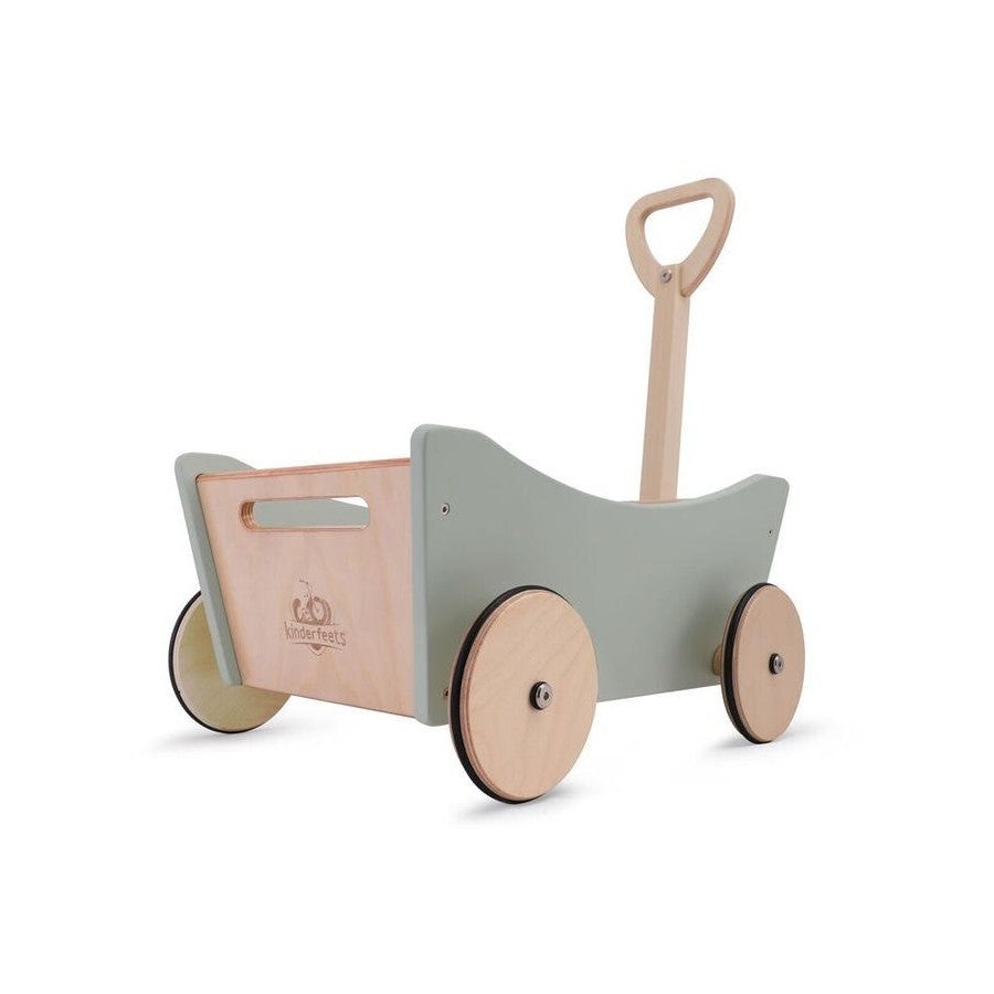 Children's wooden push cart with a light green body and pink front section on a white background