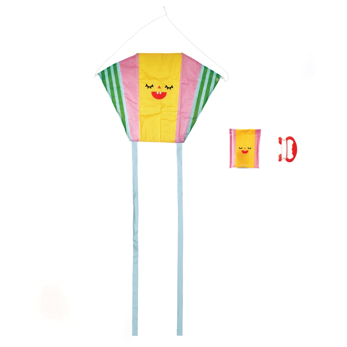 Packaging of a colorful pocket kite with a cartoon face design, including a to-go pouch.