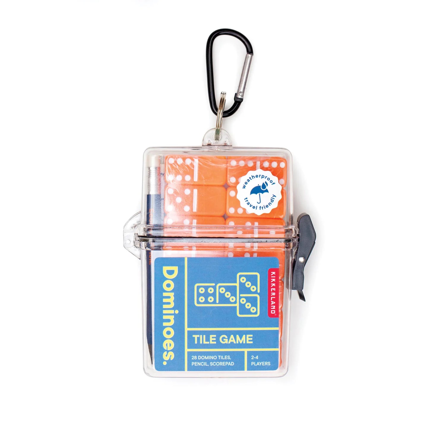 Dominoes tile game set in a clear carrying case with a carabiner on a white background