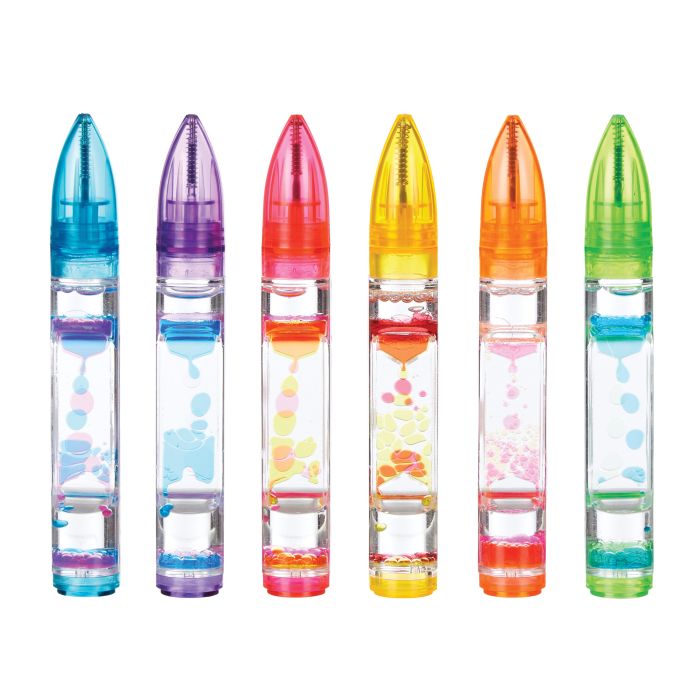 A collection of colorful Lava Drops Pens with multicolored caps and clear bodies displaying the lava drop patterns.