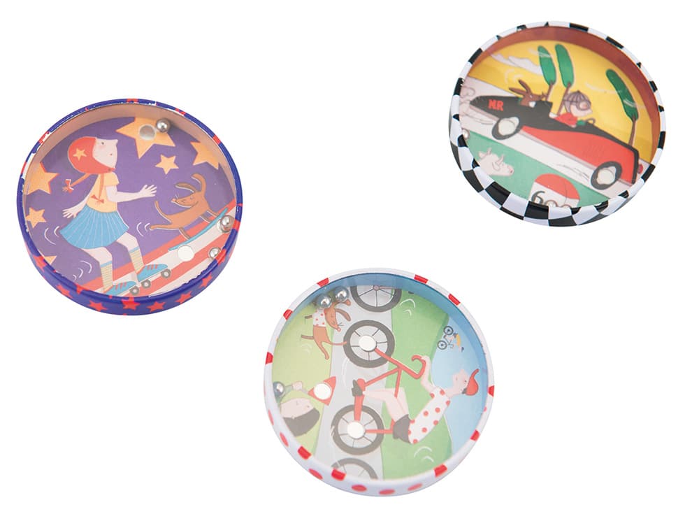 Three Moulin Roty ball maze designs: skater, racing car and bicycle
