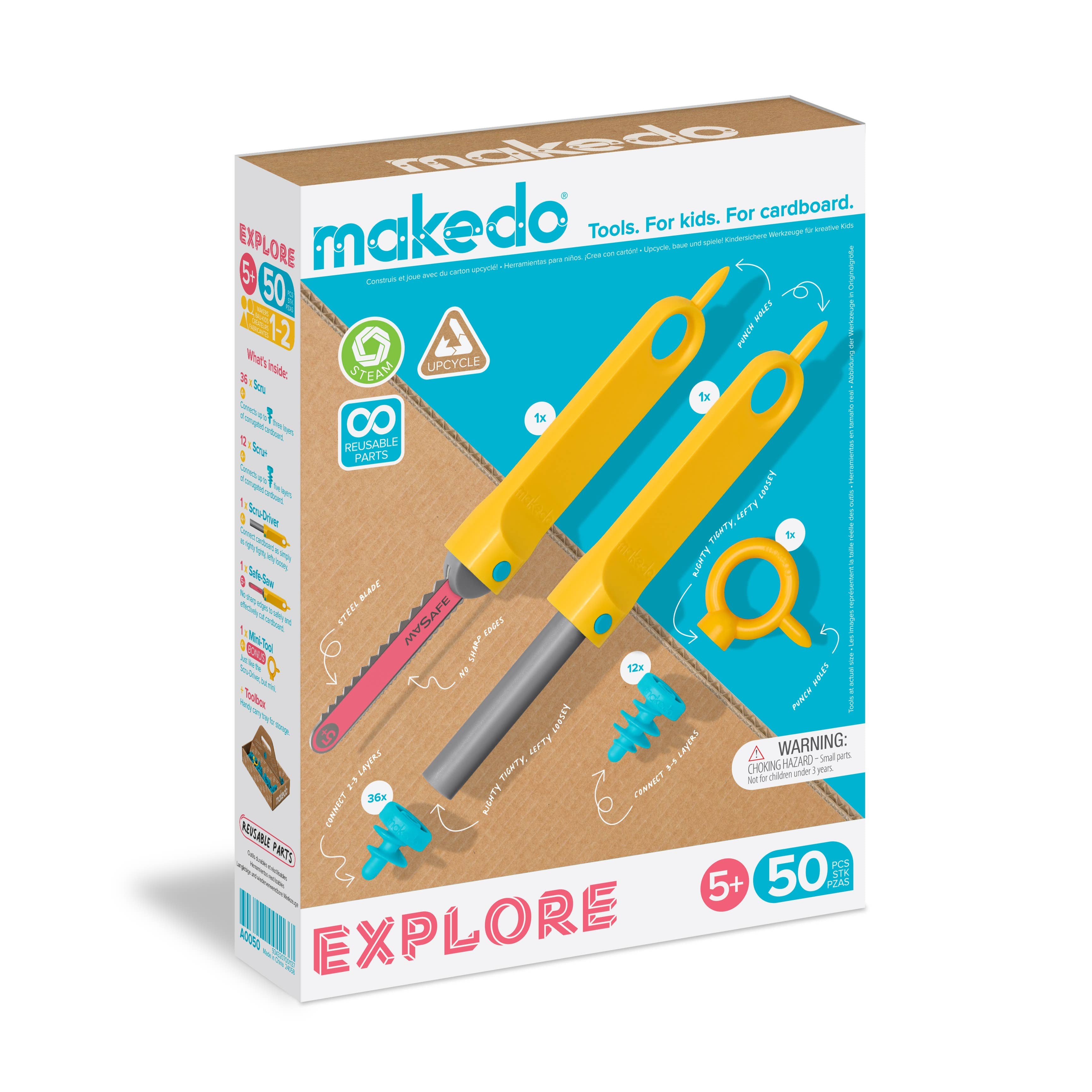 Pink blue yellow cardboard retail box, Makedo 50-piece construction set