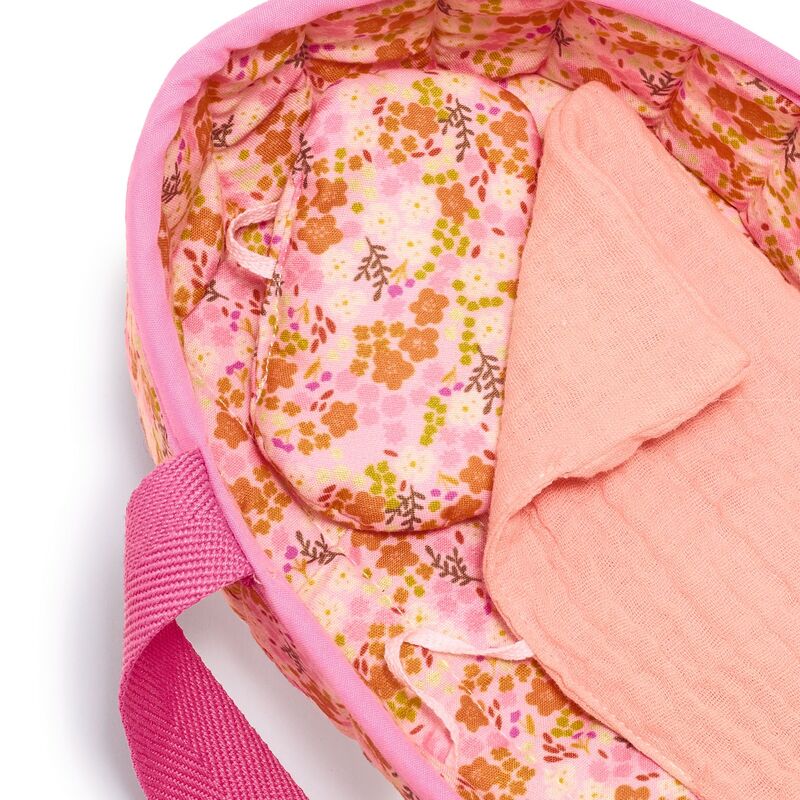 Pink fabric floral doll carrier with floral lining and pink straps