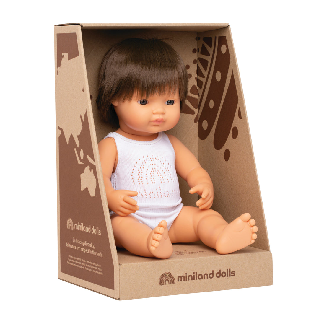 Caucasian Brunette Anatomically Correct Boy Doll - Dressed 38cm in cardboard open display box - Send A Toy
