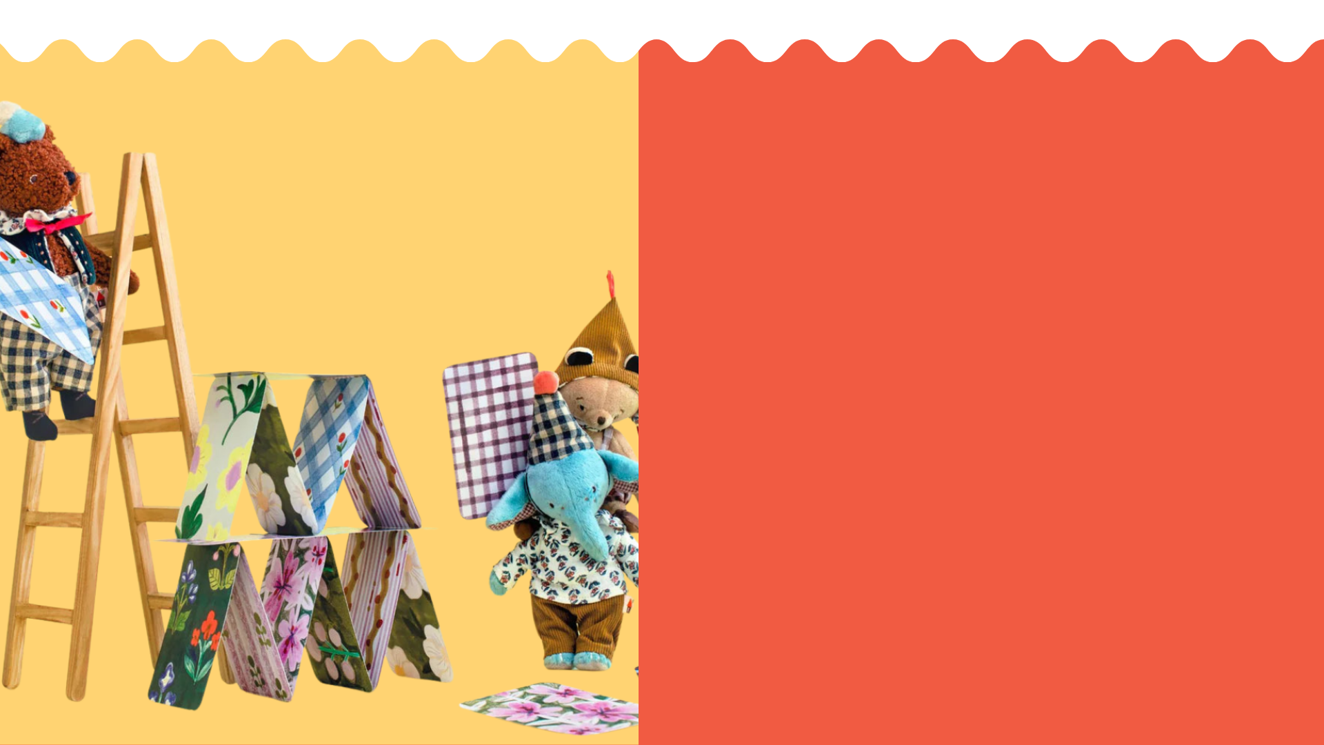 Teddy bear, and ladder on a yellow and red background with elephant and bear toy