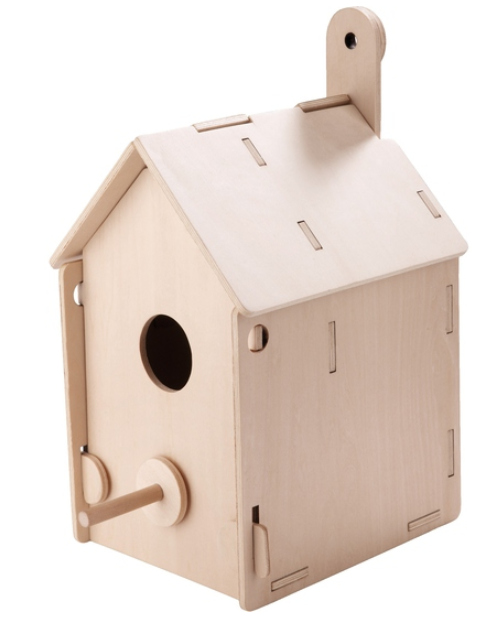 Wooden birdhouse with a white roof on a white background