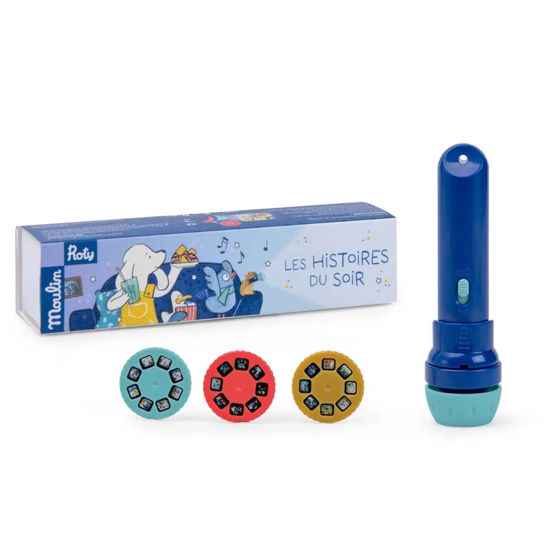 Blue plastic story book torch with 3 round story discs and a cardboard retail box